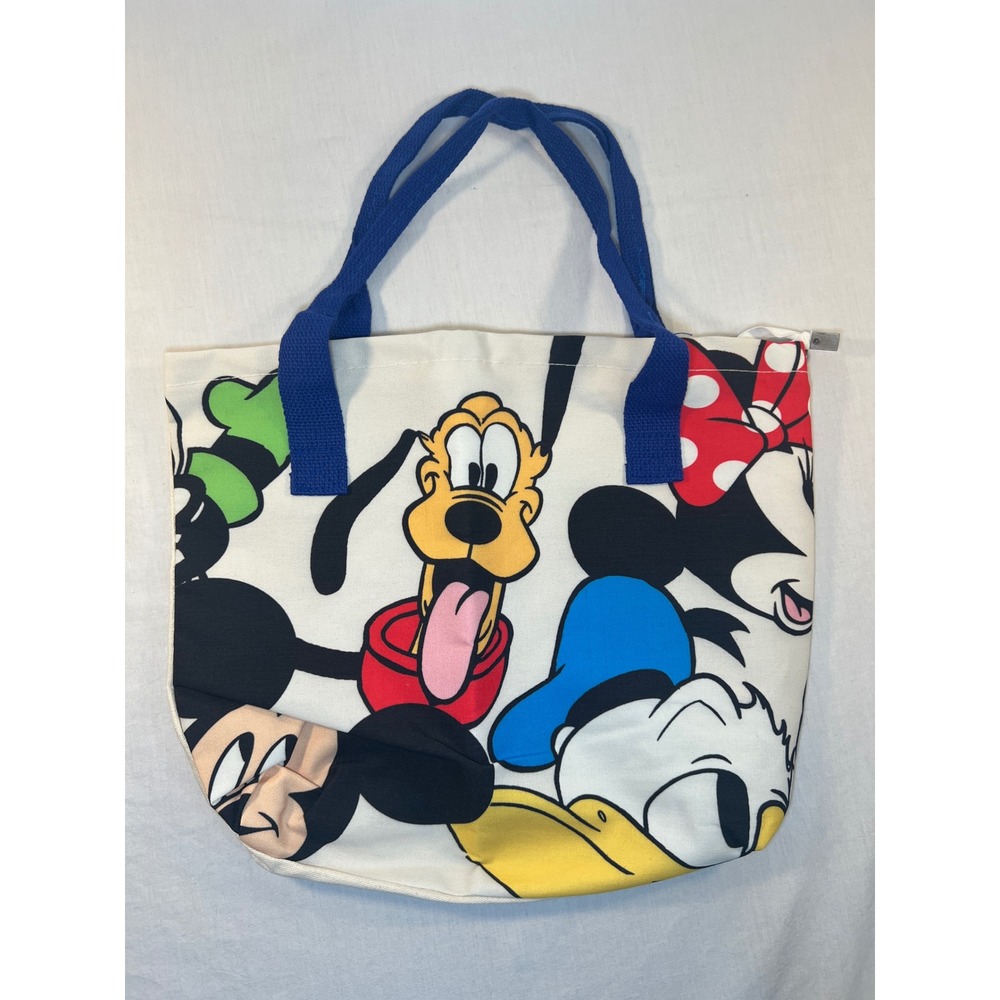 Disney Mickey and Friends Canvas Tote Bag Blue Handles Zipper Top All Over Print